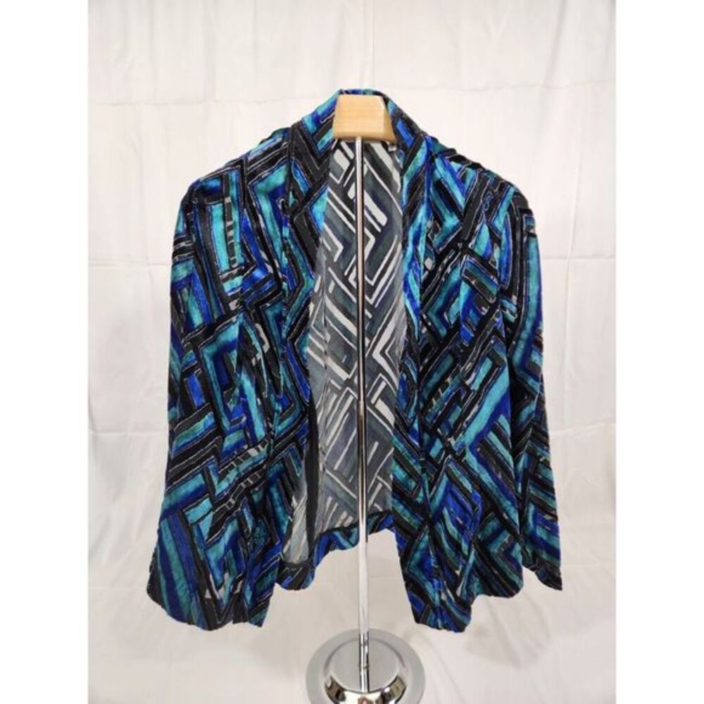 Chicos Blue Geometric Burnout Velvet Open Front Cardigan Blazer‎ Womens Size 1 M